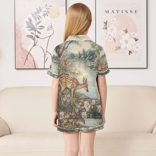ALAZA Watercolor Deer Blossom Flower Art Satin Pajamas Set Short Sleeve Button Down Sleepwear Summer Pjs 2 Piece4