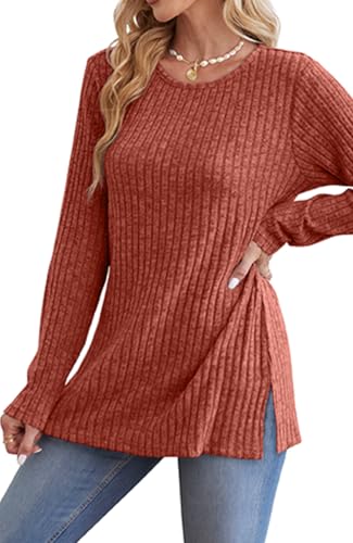 Image of Jescakoo Long Sleeve Shirts for Women Crew Neck Fall Tops Side Split Lightweight Tunic Sweaters Fashion Clothes 2025 S-4XL