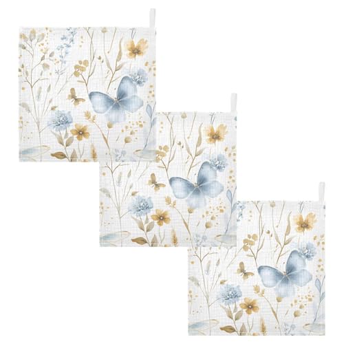 Qilmy Butterfly Leaves Baby Washcloths 3 Pack, Absorbent Soft Cotton Newborn Muslin Washcloths Face Towels, 12 x 12 Inch