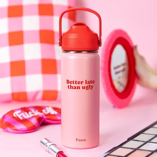 Fisura – Originelle Trinkflasche “Better late than ugly”, 500 ml Thermoflasche aus BPA-freiem Edelstahl mit Strohhalm für Sport, Reisen, Büro und Outdoor-Aktivitäten.