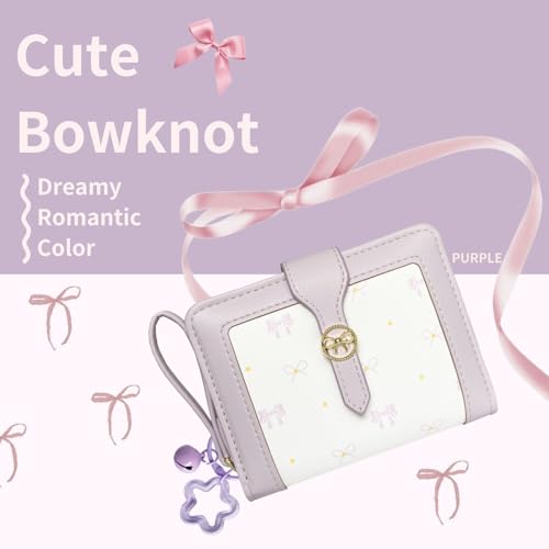Image of Cute Wallet Girls Bow Small Little Wallets For Women Zipper Coin Pocket Purse (Purple)