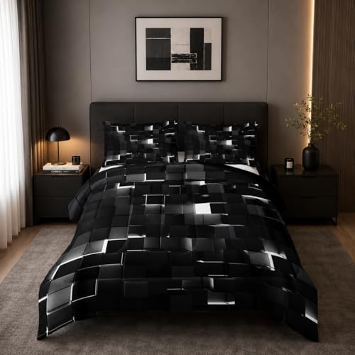 Image of Nttopship Neon White Black Comforter Set Full Geometric Kids Bedding Set,3 PCS Geometry Honeycomb Bed Set Modern Quilt Set 1 Comforter 2 Pillow Cases Cool Room Decor All Season B-Side Black