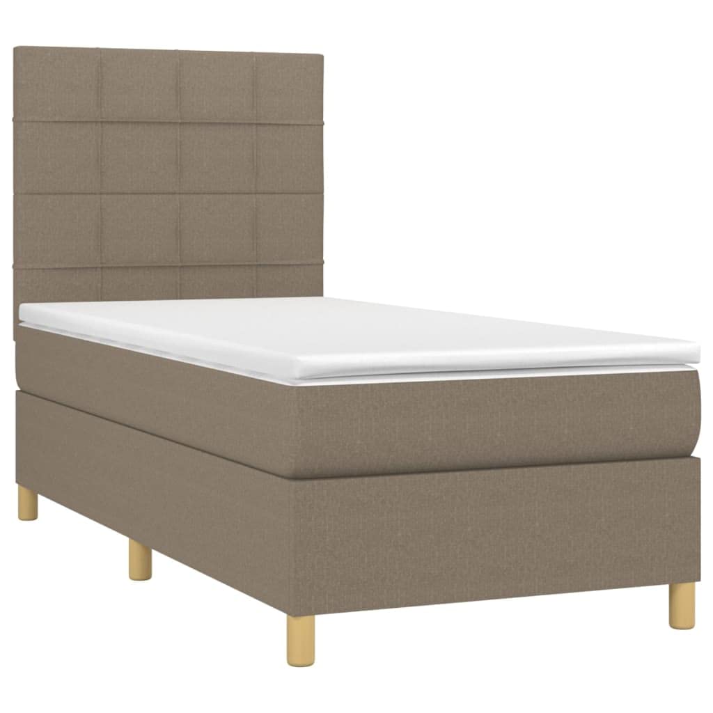 Łóżko kontynentalne z materacem, kolor taupe 90 x 200 cm, obicie materiałowe, zagłówek z regulacją wysokości, rdzeń sprężynowy kieszeniowy, zapewnia spokojny sen