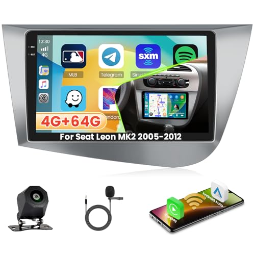Roinvou 4G+64G Android 15 Autoradio pour Seat Leon MK2 2005-2012 sans Fil Carplay Android Auto, 9'' Incell Écran Tactile Radio avec Mirror Link GPS Bluetooth...