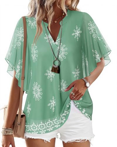 Image of Timeson Women's Short Sleeve V Neck Blouses Shirts Floral Double Layers Mesh Tunics Tops