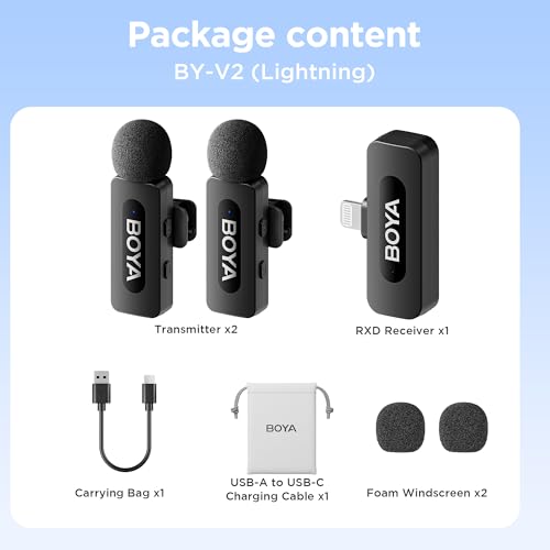 Image of BOYA by-V2 Wireless Lavalier Microphone for iPhone, Mini Phone Microphone Wireless, Noise Canceling, Dual Lapel Mic for YouTube, Podcast, TikTok Vlog Recording(Not Compatible iPhone 15 /16 /17)
