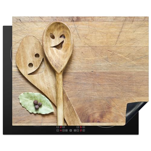KitchenYeah© Protection Plaque Induction 65x52 cm Protege Deco Cuisine Cache Protège De Cuisson Accessoire Bois - Cuillères - Marron - Smiley