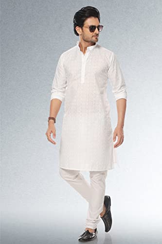 Indian Pakistani Men's White Tunic Cotton Chikankari Party Festive Ethnic Wear Kurta Pajama Dress Set4