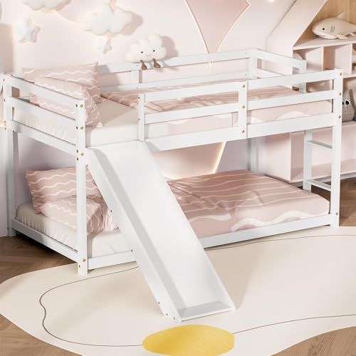 TOLEAD OLEAD Low Bunk Bed with Slide, Floor Loft Bed with Climbing Ladder, Wood Twin Bunk Bed Frame with Full Guardrails & Storage Space for Kids Toddler