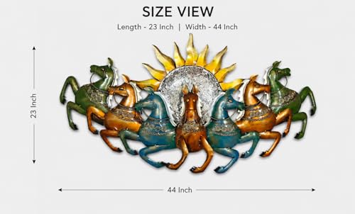 Image of iHandikart Multicolor 7 Running Horses Metal Wall Art with Sun Design | Iron Wall Sculpture for Living Room | Modern Horse Wall Hanging Decor for Home, Office & Hall | 44 x 23 Inch