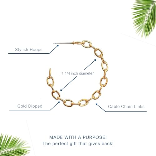 Benevolence LA Chain Hoop Earrings for Women, Chunky Gold Plated Earrings, Large Hoops for Women's Accessories | Valentines Day Gift for Girlfriend, Daughter, Mom, Brass, No Gemstone
