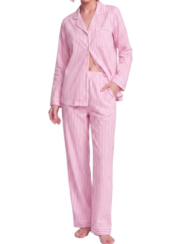 Image of SWOMOG 100% Cotton Pyjama Set for Women Long Sleeve Sleepwear Button Down Nightwear Soft Pj Lounge Sets Pink Stripe Small