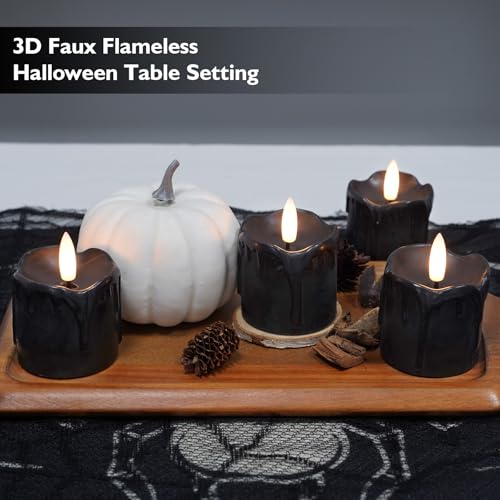 Image of Rhytsing 2'' Black Flameless Votive Candles Real Wax Dripping Design, LED Faux Battery Operated Tealight Candles with Timer for Halloween - Set of 4