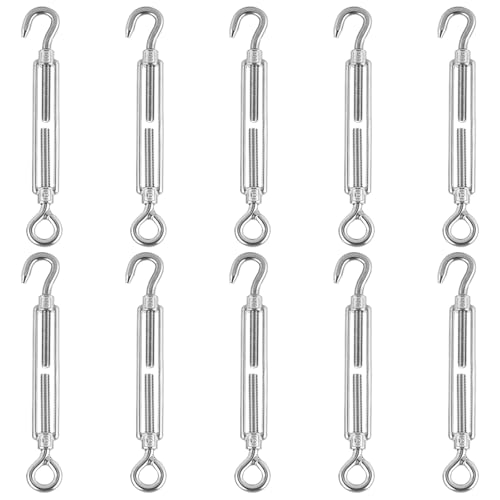 10PCS Turnbuckle Wire Tensioner M8 Heavy Duty 304 Hook & Eye Rope Cable Tension Set Adjustable Garden Wire Tensioner Kit for Clothesline Railing Decking Plants Fence - Silver