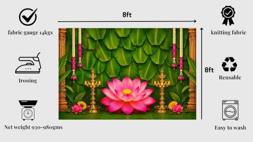 Image of Traditional Decorations backdrops | Banana Leaf Backdrop with Giant Pink Lotus, Jasmine and Rose Garlands | Banana Background Backdrop | Lakshmi Pooja Background 8x8 feet