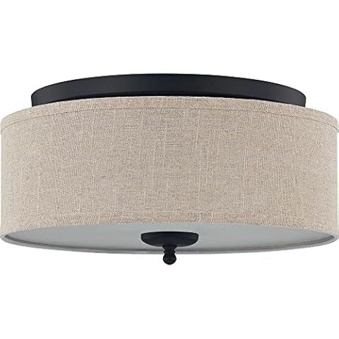 Ouoizel Blanche 3-Light Round Flush Mount Ceiling Light, 16" Drum Light, Beige Fabric Shade & Matte Black Canopy, Transitional Close to Ceiling Light Fixtures for Home, Kitchen or Office Lighting Cover