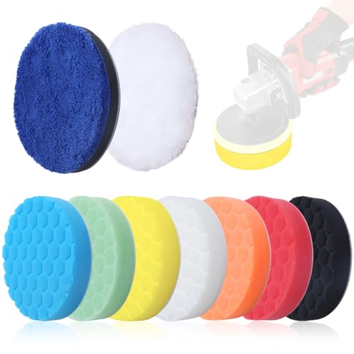 Annickee Lot de 9 Tampons de Polissage de 125 mm, Éponge de Polissage en nid d'abeille, Polissage Pad avec Microfibre et Mousse, Kit de polissage Voiture avec...