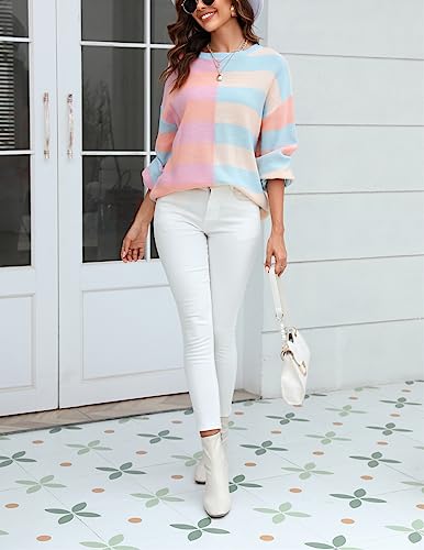 Image of chouyatou Women's Casual Crew Neck Color Block Striped Patchwork Knitted Pullover Sweater Tops