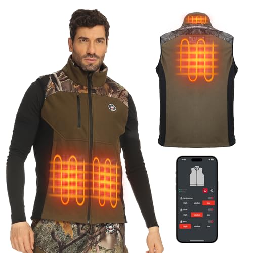 KEMIMOTO Chaleco térmico para hombre con batería de 12 V 20000 mAh, chaleco térmico de camuflaje para hombre, chaleco cálido con tela silenciosa para caza, senderismo, Camuflaje y caqui, Small