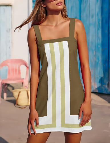 Image of Womens Summer Casual Color Blocked Dresses Striped Mini Dress Sleeveless Strap Beach Sundress Cover Up Dresses