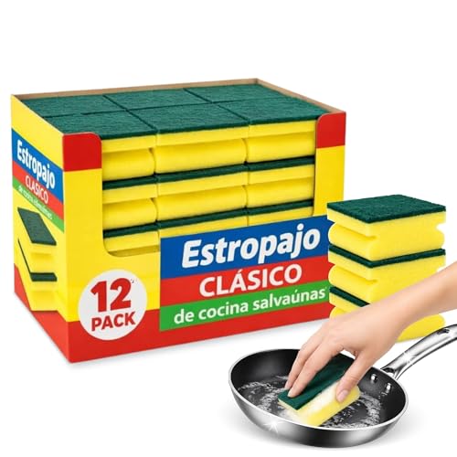 Estropajo para fregar, Esponja para Lavar Platos, Esponja para Fregar, Esponja limpieza de cocina, Estropajo Cocina, Esponja Cocina Dos Lados, Estropajo Salvauñas, No Raya, 12 Unidades