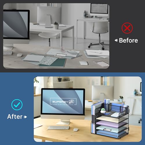 SUPEASY Desk Organizer with Magazine Holder, 5-Tier Paper Organizer for Desk Accessories with Pen Holder, Paper Letter Tray for Home, Office and School Supplies, Black image 7
