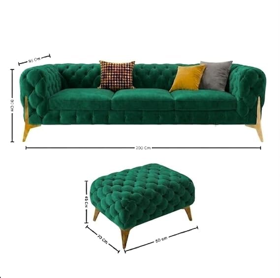 Image of A to Z Furniture Modern Classic Fabric & Valvet Tufted Chesterfield Sofa Living Room and Office (3+1= 4 Seater Sofa Set with Footrest Teal Green)