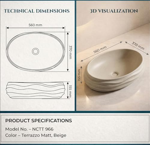 Image of BASSINO 22x15x6 Inches Ceramic Table Top Washbasin /Beige-Ivory Terrazzo Luxury Countertop Sink /Modern Basin for Home,Living Room /Designer Oval Shape Wash Basin for Bathroom with Wave(Matte Khaki)