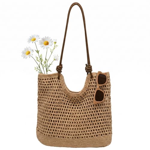 Bolso de playa tejido a mano Jansben para mujer con asas de cuerda de algodón y cuero sintético miniatura 1