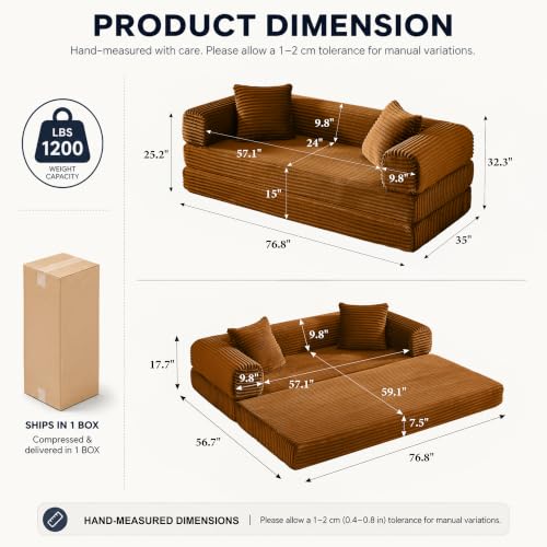 Image of AUGOP Futon Sofa Bed Boneless Couch for Living Room,Pull Out Couch with Sleeper Sofa,Day Bed Couch with Storage Pocket,Removable Corduroy with 2 Pillow