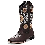 Jiemifu Cowboy Boots Women Sunflower Embroidered Western Boots Cowgirl Boots Square Toe Tall Cowgirl Boots for All Season/Everyday Occasions, Brown 7.5