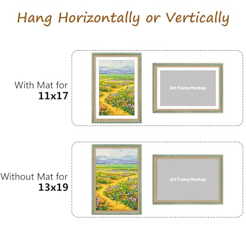 Image of Golden State Art,13x19 Ornate Picture Frame Holds 11x17 Photo,Blue Gold | Includes plexiglass front,white mat,build-in hangers and buttons.Displays 11x17 photo on wall