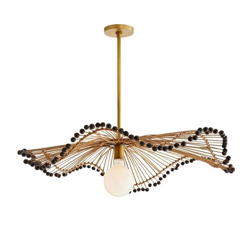 WISHVYQ 1-Light Black Rattan Pendant Light, Woven Chandelier with Beads Farmhouse Handmade Wicker Hanging Lamp Coastal Ceiling Light Fixture for Kitchen Island Living Room Bedroom