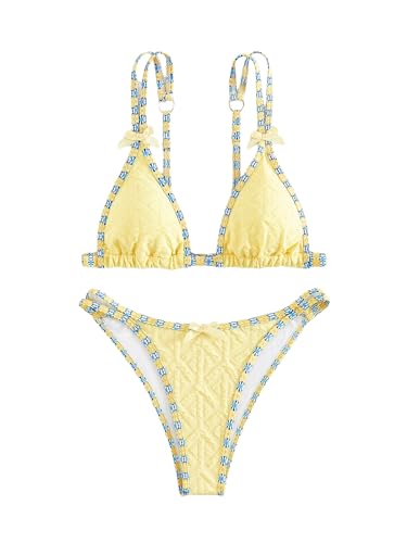 WDIRARA Women's 2 Piece Bowknot Triangle Bikini Set Textured Bathing Suit Cute Swimsuit