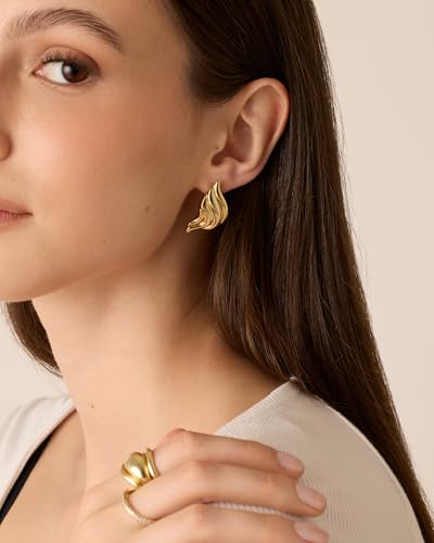 Image of PAVOI 14K Gold Plated Chunky Vintage Earrings for Women - Trendy Textured Ribbed Knot Geometric Triangle Rope Button Seashell Wing Dangle Drop Stud Earring