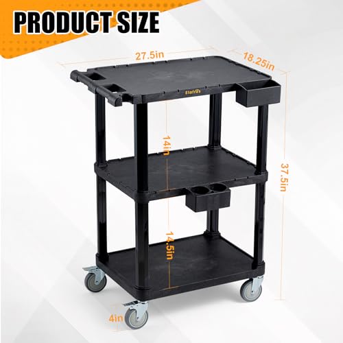 ELAFROS Heavy Duty Utility Cart, 27.5 x 18.25 Inch, 3-Tier Rolling Cart, Industrial Plastic, 330 lbs Capacity, Flat Top Shelves with Swivel Wheels - Multipurpose Mobile Cart - Thumbnail 2