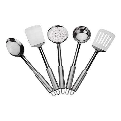 Rident Kitchen Stainless Steel Utensils 5 Pcs Cooking Tool Set for Kitchen, 35 cm Length, Silver (Contains: 1 Ladle, 1 Skimmer,1 Turner, 1 Spatula, 1 Slotted Turner)
