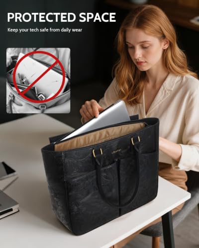 Image of Laptop Tote Bag for Women, Leather Work Tote with Padded Laptop Compartment, Cup Holder, Office Computer Briefcase