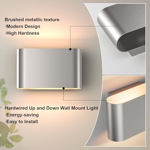 Image of Aipsun Nickel Modern LED Wall Sconces Set of 2 Indoor Wall Lights Hardwired Up and Down Wall Mount Light for Living Room Bedroom Hallway Corridor Conservatory Warm White 3000K(with G9 Bulbs)