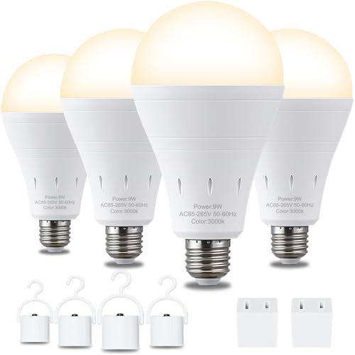 DEBAOBULB 4 Pack Rechargeable Emergency Light Bulbs Battery Powered LED Light Bulb 3000K Warm E26 120 Volt 9W 60W Equivalent with 1200mAh for Home Power Outage Camping Hurricane