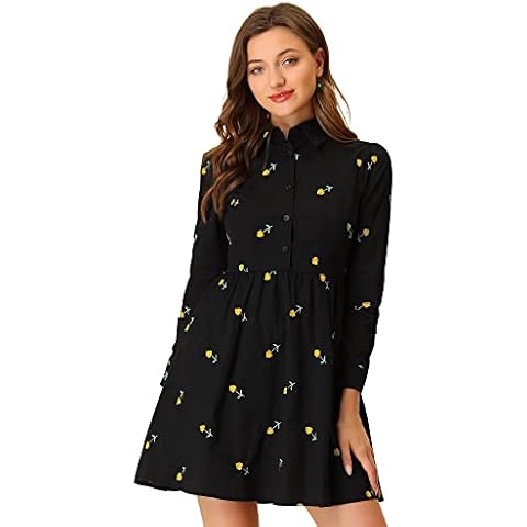 Allegra K Vestido Camisero Manga Larga Floral Bordado Mujer Negro M Cover