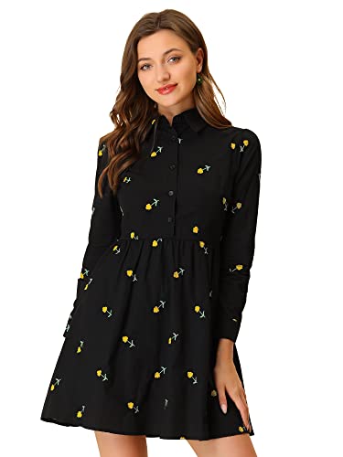 Image of Allegra K Women's Shirt Dress Long Sleeve Collared Floral Embroidered Casual Mini Dresses