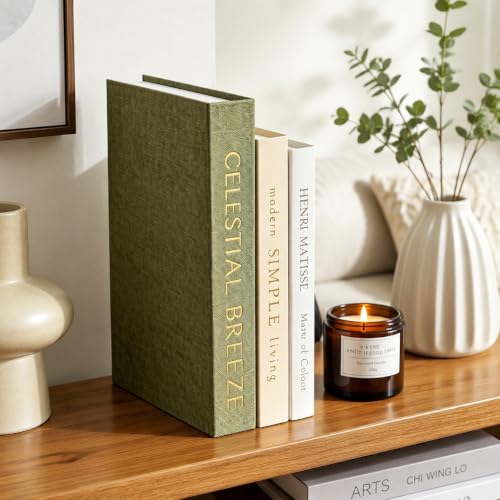 PULAISEN Decorative Books for Home Decor Set of 3 Stackable Linen Faux Book Boxes with Hidden Storage for Coffee Table, Bookshelf, Mantel, Office and Entryway Decor Including Wood Bead Garland — view 3