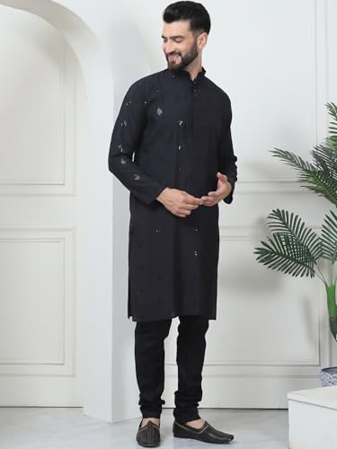 Image of SOJANYA (Since 1958 Men's Cotton Silk Sequinned Neck Embroidered Kurta with Black Pyjama