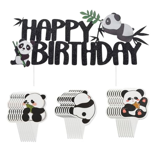 TIMJJG Inserção de bolo de aniversário de panda de 1 peça e inserção pequena de 24 peças, decoração de bolo de panda, decoração de bolo de festa, acessórios de aniversário para crianças.