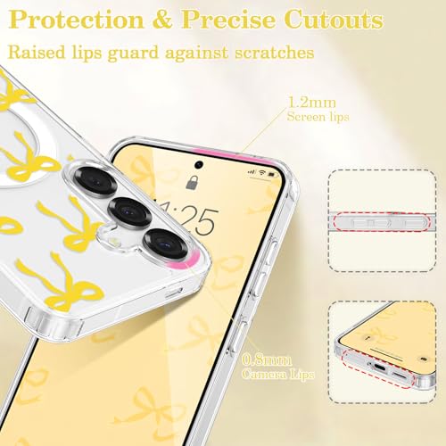 Image of UEEBAI Magnetic for Samsung Galaxy S26 Case, Bow Case Compatible with MagSafe, Wireless Slim Clear Ribbon Aesthetic Phone Cover Anti-Yellowing Shockproof Protective Cover for Women Girl - Yellow