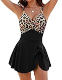 FemiChic Badeanzug Damen Elegant Einteiliger Ruched Bauchweg Badekleid V-Ausschnitt mit Push Up Körbchen Swimdress Sommer Strand Swimsuit(Schwarzes Leopardenmuster,L)