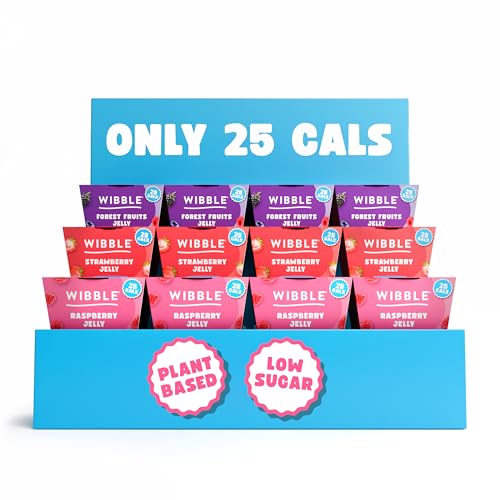 Wibble Jelly Pots Mixed 12 Pack Plant Based 25 Cals Low Calorie Low Sugar Vegan Vegetarian Jello Strawberry Raspberry Forest Fruits