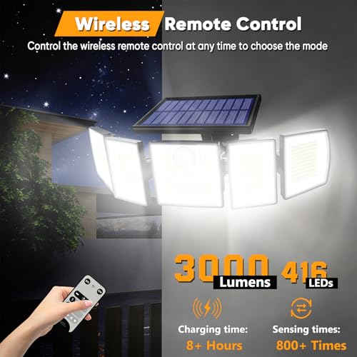 Image of Solar Lights Outdoor Waterproof Motion Sensor - 3000 Lumens 5-Head Adjustable Solar Flood Light, IP65 Waterproof Solar Security Light for Yard, Garage, Driveway, Garden (With Remote Control, 2)