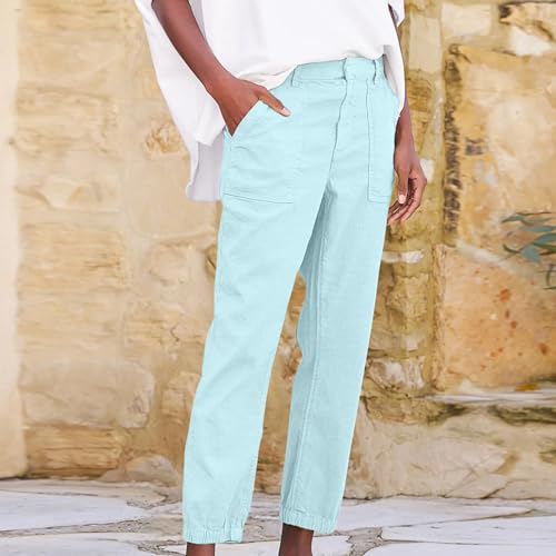 Women Linen Joggers High Waisted Tapered Leg Cropped Chino Dress Pants with Pockets Casual Fall Comfy Cute Travel Slacks2